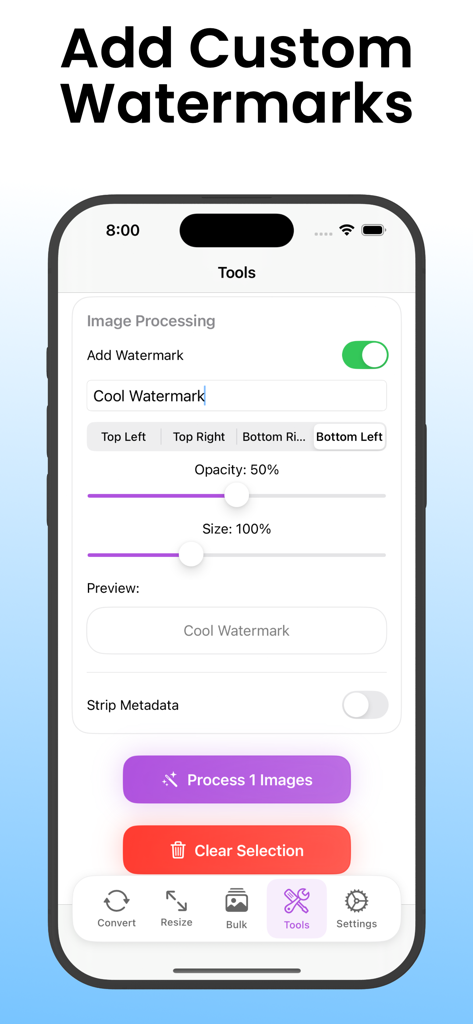 JPEGify – JPG & HEIC Converter - A screenshot of the JPEGify app interface for adding and customizing watermarks on images.
