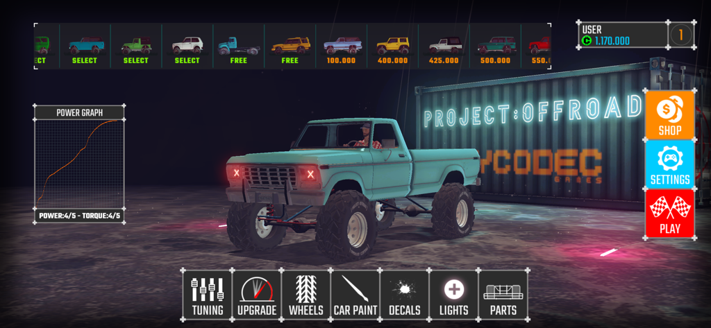 [PROJECT:OFFROAD][20] - Pantalla de personalización del garaje con una camioneta pickup azul en Project Offroad
