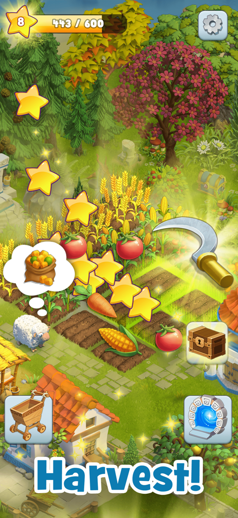Harvesting various crops like tomatoes and corn on a colorful Mediterranean farm in the Land of Legends game
