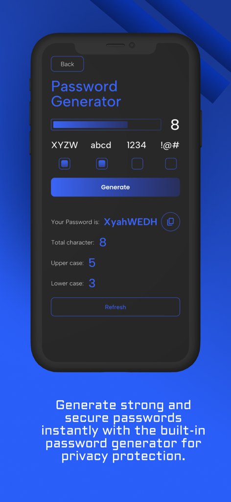 Free WiFi Password: WiFi Tool - A mobile interface for a password generator tool showing customizable security options and a generated strong password