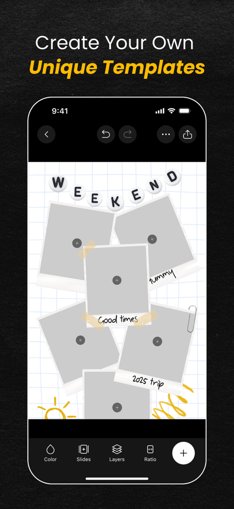Une interface d'application mobile montrant un éditeur de collage esthétique avec des cadres photo Polaroid et des éléments de scrapbook.