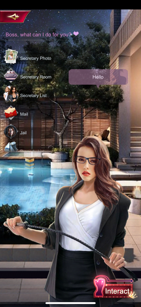 Legend City - Secretary character in Legend City mobile game with interaction menu and luxury background