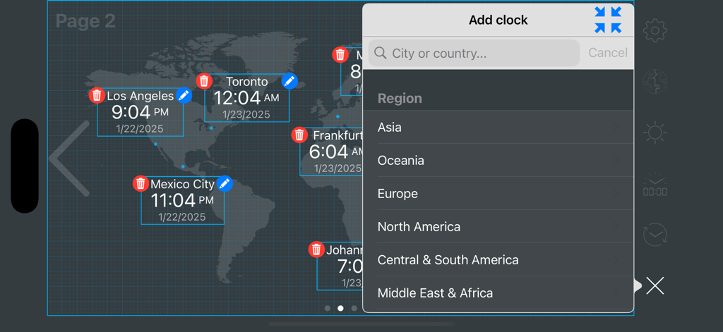 Interface of a world clock app showing multiple city times on a map with an add clock menu open.