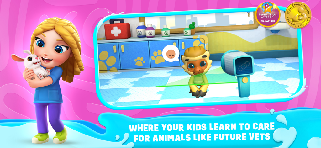 Applaydu Play & Discover - A girl holding a white rabbit in a virtual animal clinic with a monkey patient