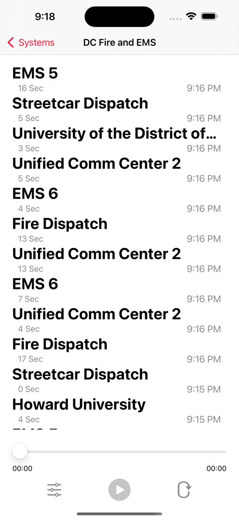 OpenMHz - OpenMHz app interface showing a list of recorded DC Fire and EMS radio transmissions with timestamps and call durations