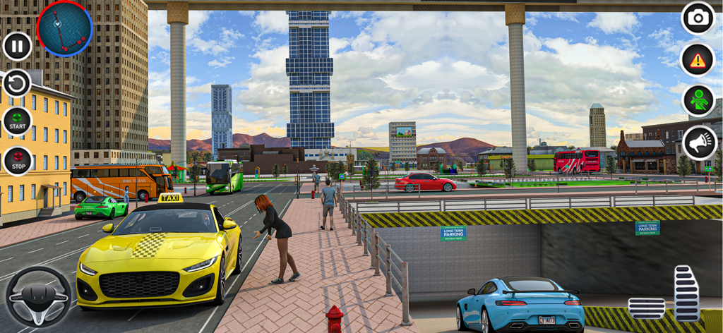 Taxi Simulator City Taxi Games - A modern yellow taxi picking up a passenger on a city street in a driving simulator game
