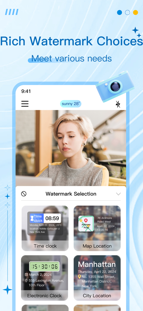 A selection of professional watermark templates including time and GPS location for photos