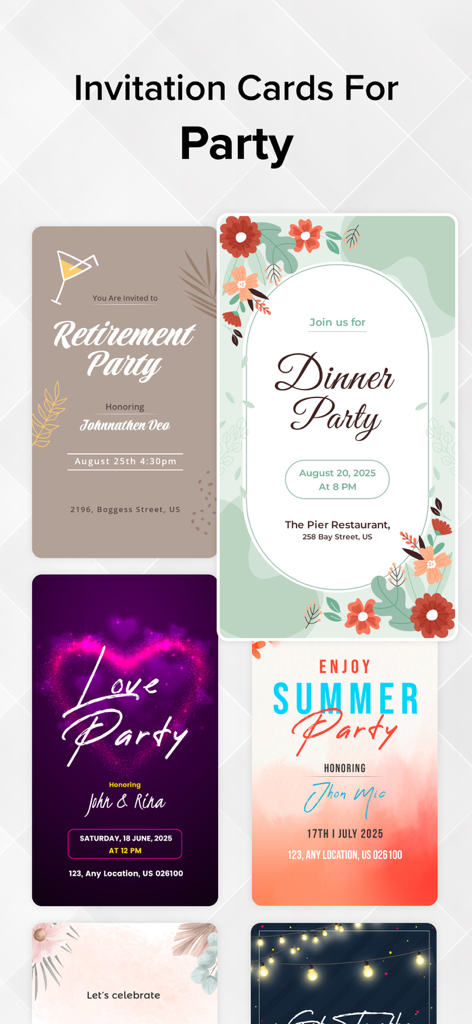 Invitation Maker : Invite Card - A variety of invitation card designs for events like retirement, dinner, love, and summer parties.
