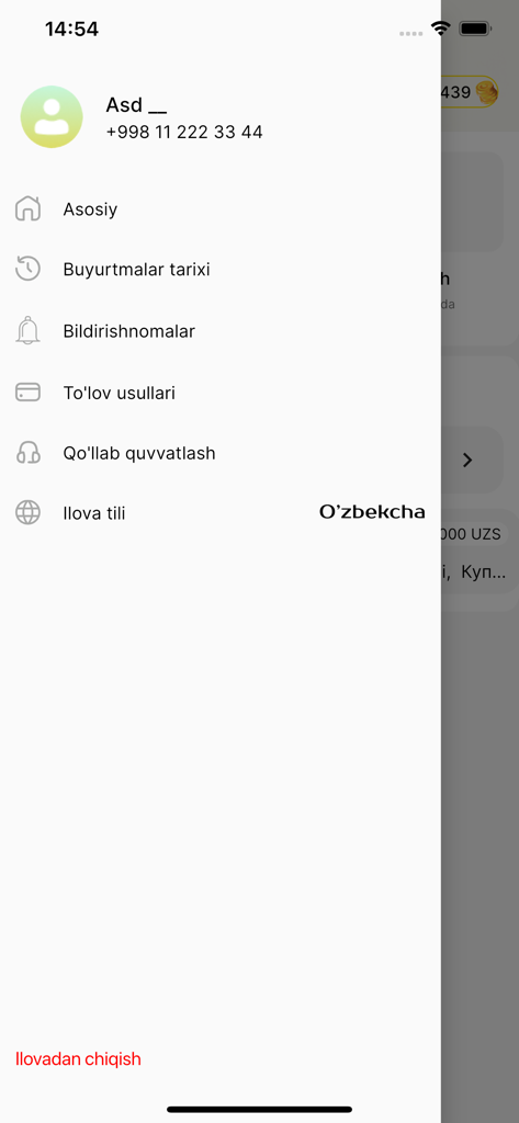 Menu latéral de l'application Xon taxi montrant les options de navigation et les paramètres du profil en langue ouzbèke