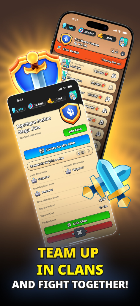 Mystique Fusion – Idle Clicker - Two mobile screens displaying the clan and alliance features of Mystique Fusion with the text Team up in clans and fight together