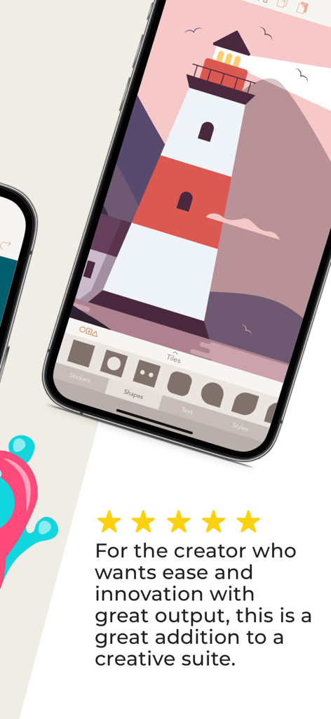 Vector & SVG Maker - Assembly - iPhone screen showing a lighthouse illustration in the Assembly vector design app with a five star review