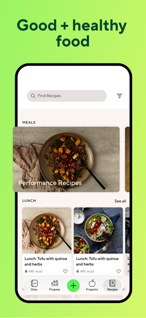 Clean interface of Lifesum app displaying curated healthy meal recipes