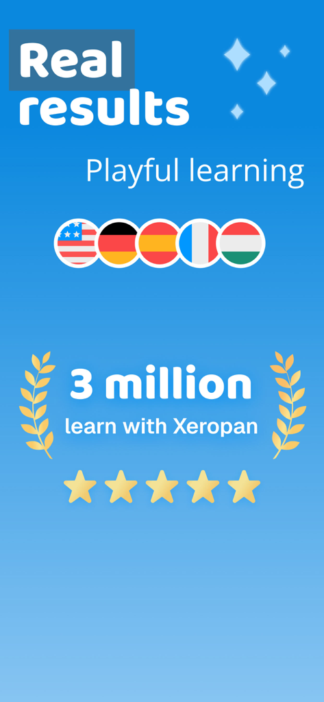 Gráfico de marketing do aplicativo Xeropan mostrando 3 milhões de alunos e uma avaliação de 5 estrelas para aprendizado lúdico de idiomas