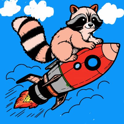 realistic raccoon flying on top rocket ship