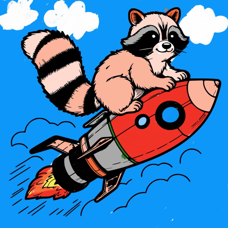 realistic raccoon flying on top rocket ship