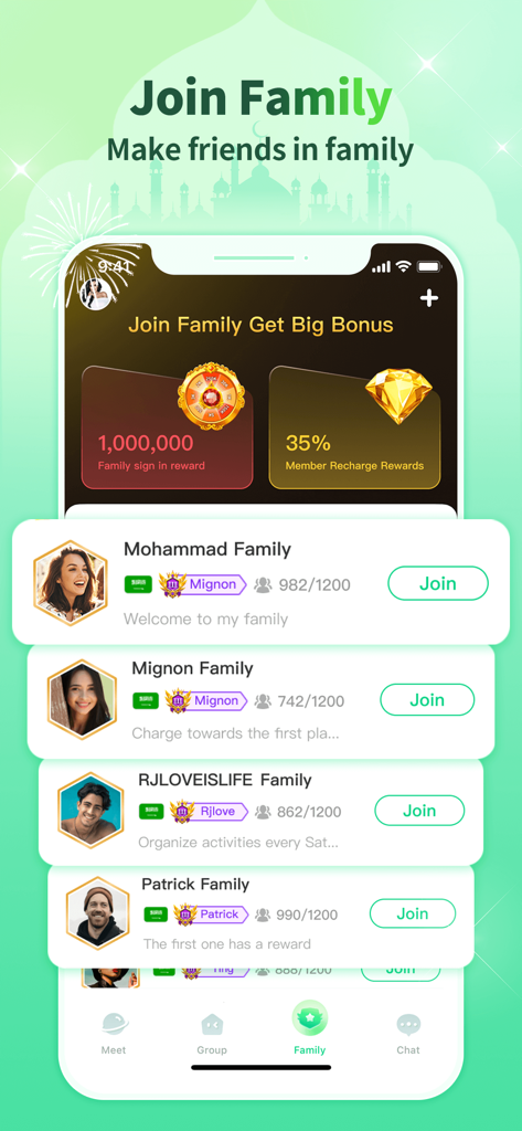 Famy - Mobile app interface of Famy showing a list of digital families to join with social rewards and member counts