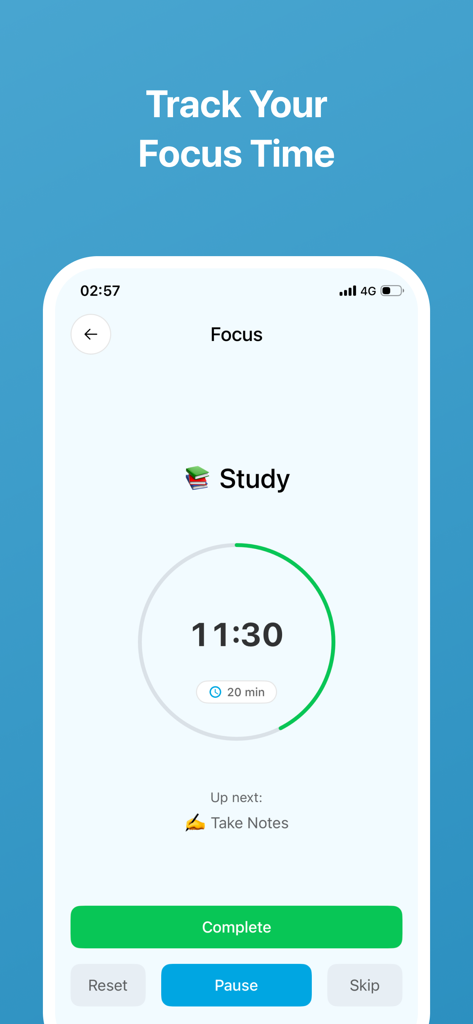 Daily Goal Tracker & Organizer - Mobile focus timer interface for a study session in the Daily Goal Tracker app