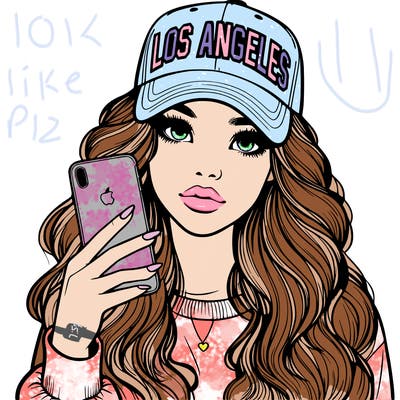 realistic beautiful girl wearing los ángeles cap holding an iphone