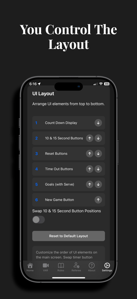iRefFoos - iRefFoos app interface showing the UI layout customization screen with options to reorder countdown timers and buttons