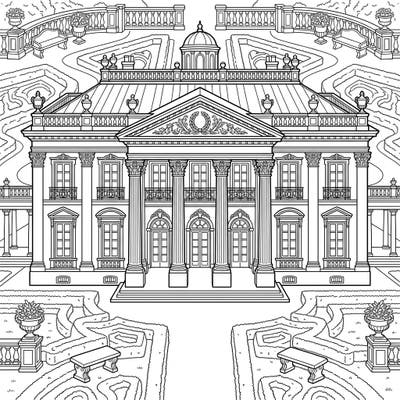 Step into a world of timeless elegance with this intricate Neoclassical mansion coloring page. Capture the grandeur of classical architecture and beautifully designed formal gardens as you bring this stately scene to life with your favorite colors.