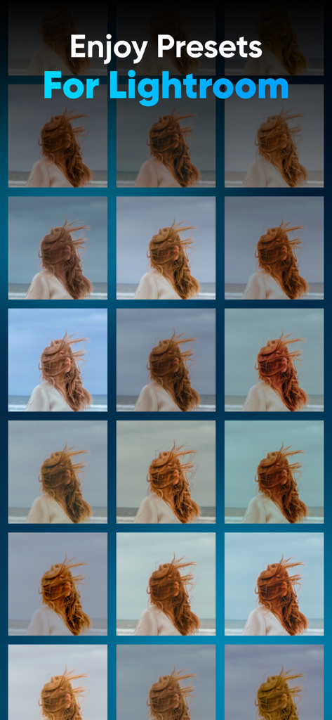 Grid showing various photo filters and Lightroom presets