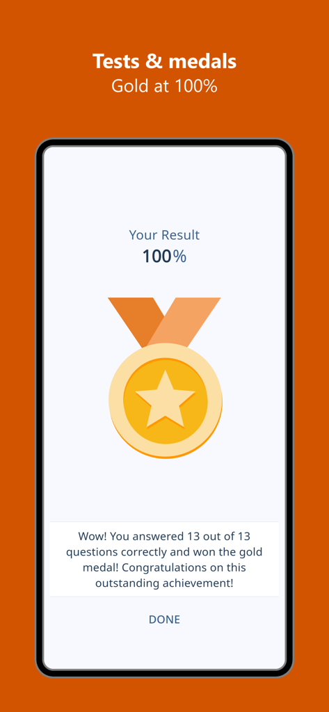 Rare English Words Trainer - Rare English Words Trainer app showing a gold medal and 100 percent test score.