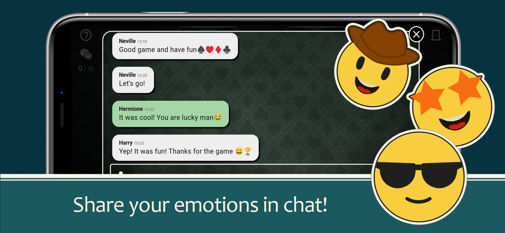 Poker Friends - Online Game - In-game chat interface of Poker Friends app displaying messages and social emojis