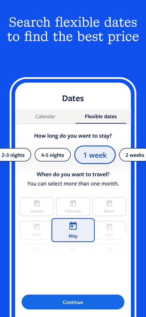 Vrbo app interface showing flexible date search options for vacation rentals