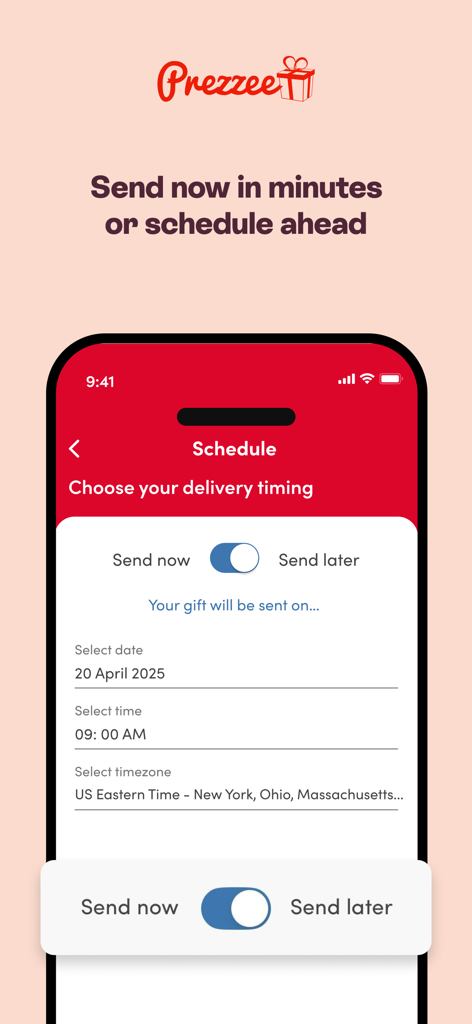 Prezzee eGift cards - eギフトカードの配送日時を予約するためのPrezzeeアプリのインターフェース