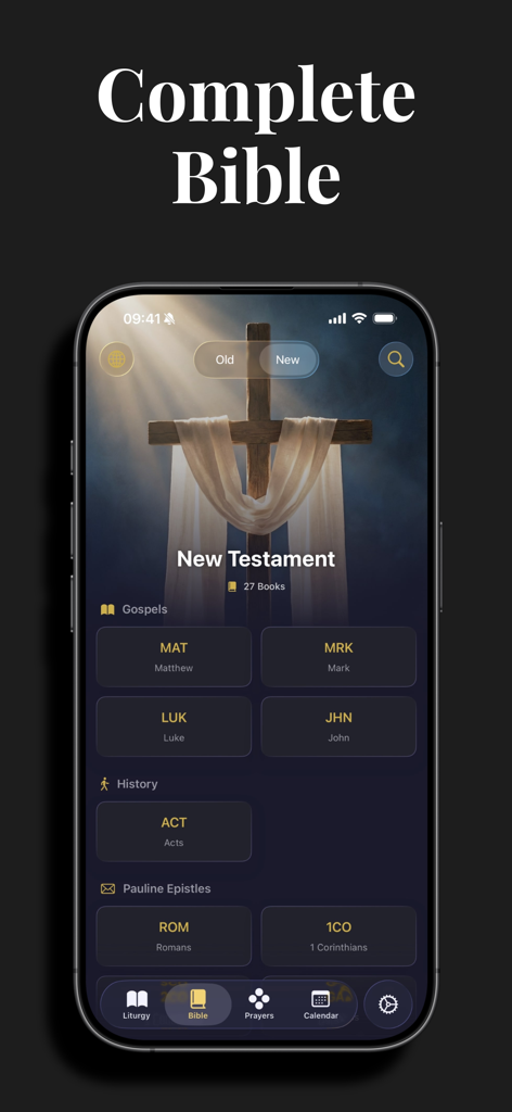 Lumen: Bible & Daily Readings - Interfaz de la aplicación Lumen mostrando los libros del Nuevo Testamento y los Evangelios con un diseño de modo oscuro y un fondo de arte sacro.