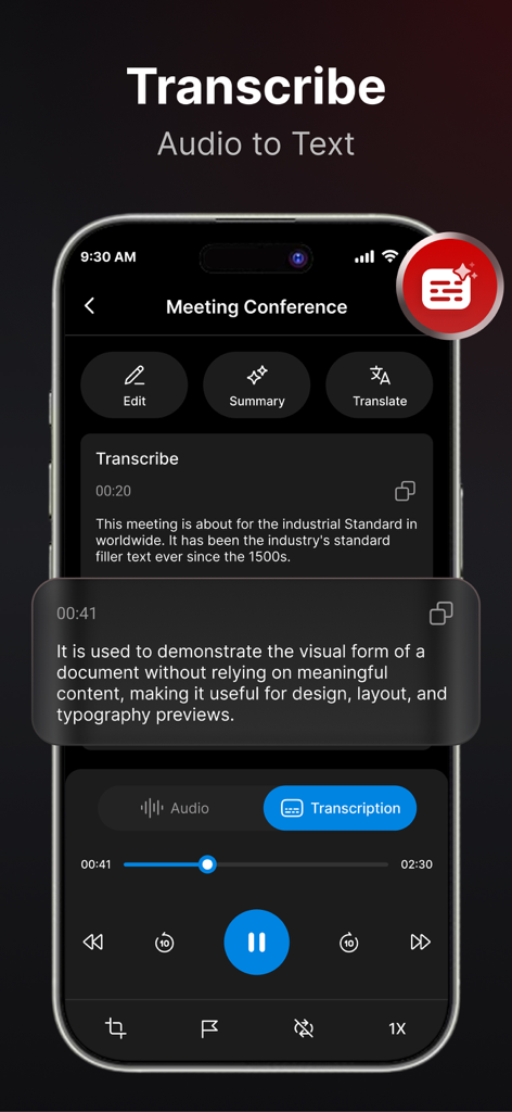 Voice Recorder : Voice Memos - Pantalla de smartphone mostrando la aplicación Grabadora de Voz transcribiendo una grabación de reunión a texto con opciones de resumen y traducción
