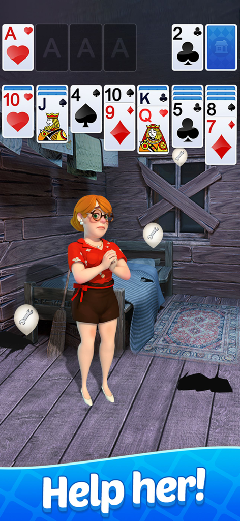 Solitaire card game interface overlaying a renovation story scene with a sad character in a messy room