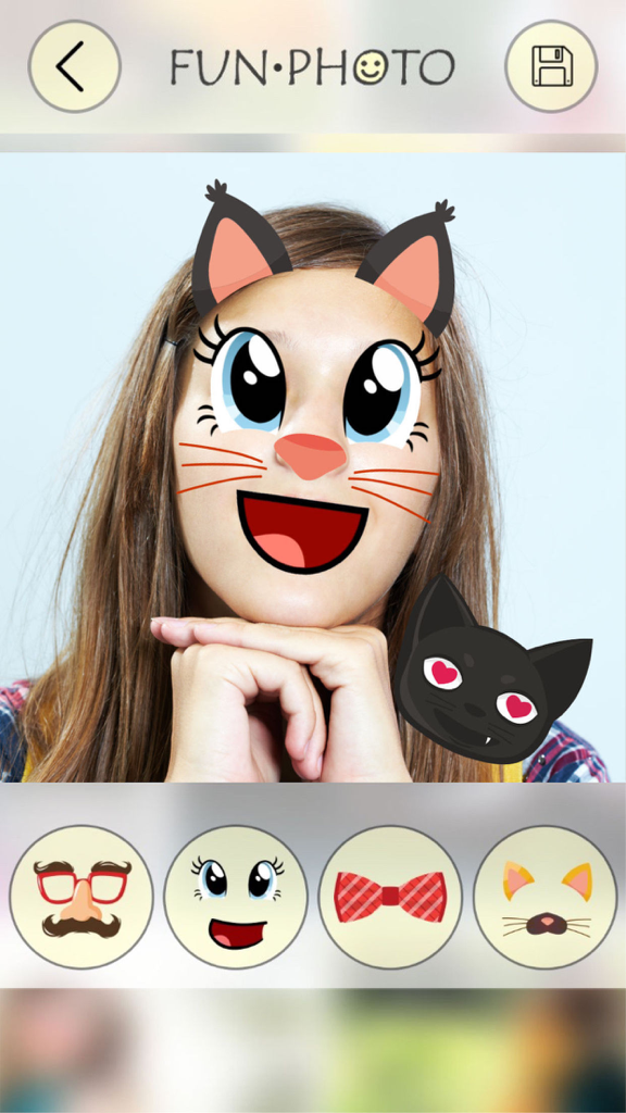 Face Changer - Masks, Effects, Crazy Swap Stickers - Interfaz de la aplicación Face Changer que muestra a una chica con stickers de cara de gato de dibujos animados y un menú de selección de otras máscaras divertidas
