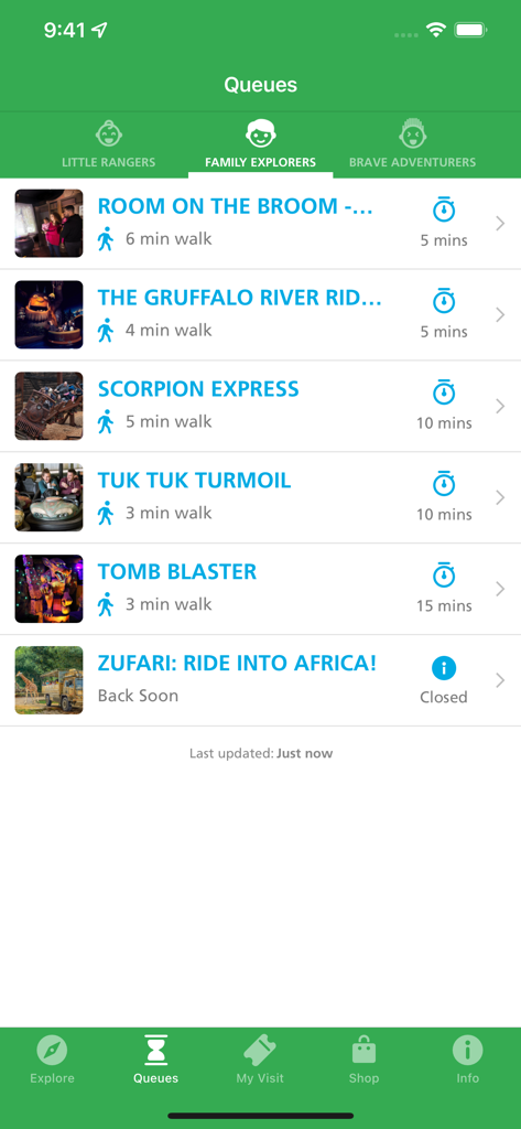 A screenshot of the Chessington Resort app displaying live wait times and walking distances for rides in the Family Explorers category.