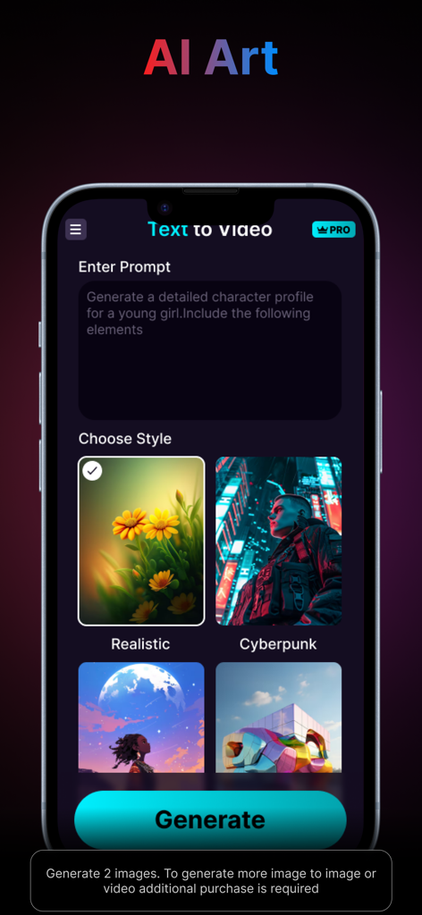 AI Video,Art & Image Generator - AI 비디오 생성기 앱 인터페이스, 텍스트-비디오 프롬프트 입력 및 스타일 선택 기능 표시