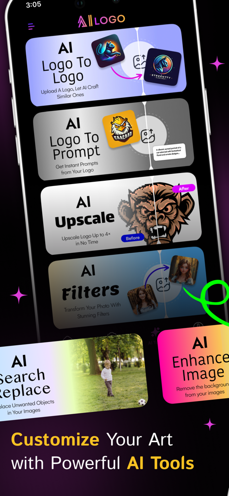 AI Logo Generator & Maker App - Benutzeroberfläche, die KI-Tools zur Logo-Design-Skalierung und Bildfilterung zeigt