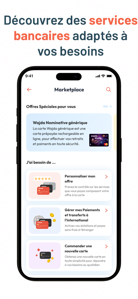 Attijari Mobile - L'interface de la plateforme de l'application mobile Attijari présente les options de paiement international et les services bancaires.