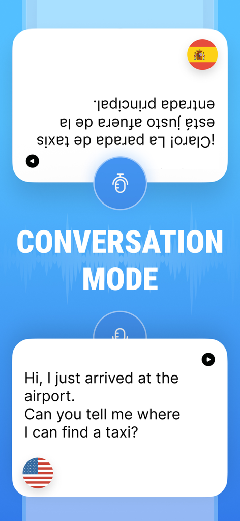 GO Translate: AI Translator - Interface of the GO Translate app showing the real-time conversation mode between English and Spanish.