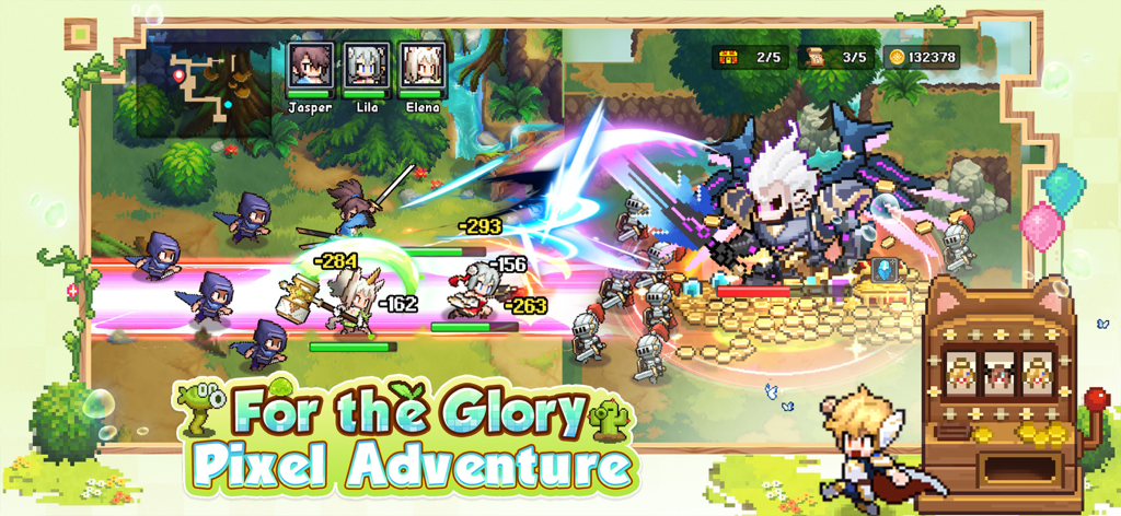 Pixel Heroes: Tales of Emond - Vintage pixel art characters fighting a giant boss in the mobile game Pixel Heroes Tales of Emond.
