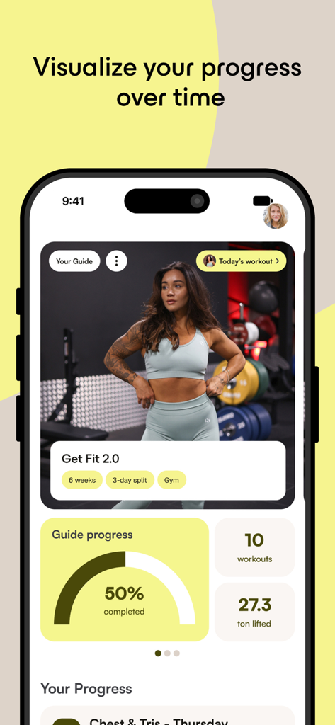 OWNU app dashboard showing fitness guide progress and workout statistics