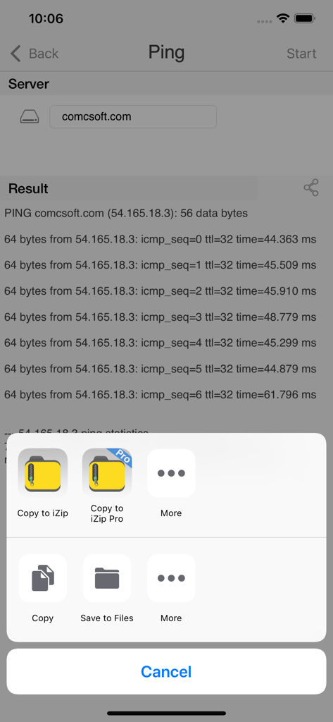 Résultats du diagnostic ping iNetTools pour un serveur avec options de partage iOS affichés