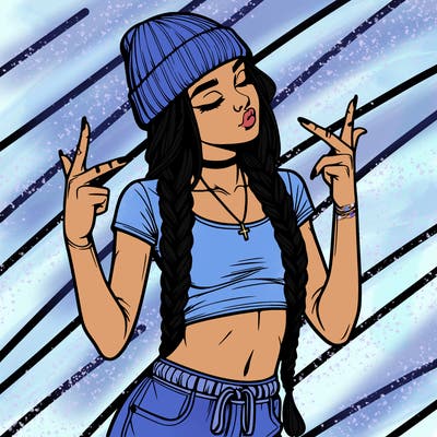 realistic teenage girl with braids and a beanie and crop top doing 🫶🏼