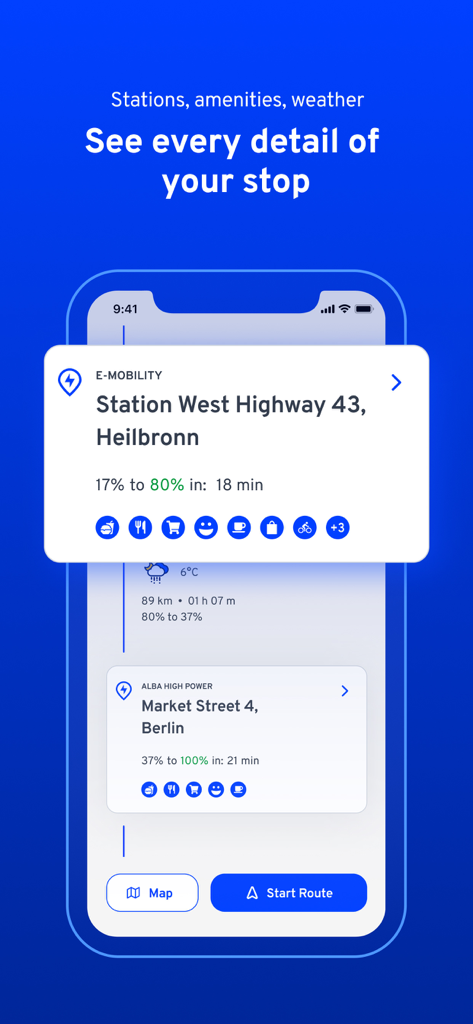 ElectricRoutes - ElectricRoutes app interface showing detailed information for EV charging station stops including amenities and charging time