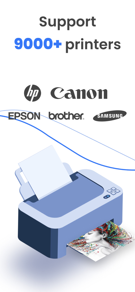 Tap & Print: Smart Air Printer - Graphic showing Tap and Print app support for over 9000 printers including HP Canon and Epson