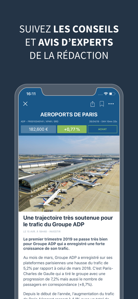 Captura de pantalla de la app Investir mostrando asesoramiento financiero experto y análisis de acciones para Aeroports de Paris.