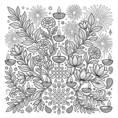 Dive into the festive spirit of Diwali with this intricate botanical art coloring page, beautifully combining traditional motifs with natural elegance. It's a perfect way to celebrate the festival of lights with a creative and relaxing activity.