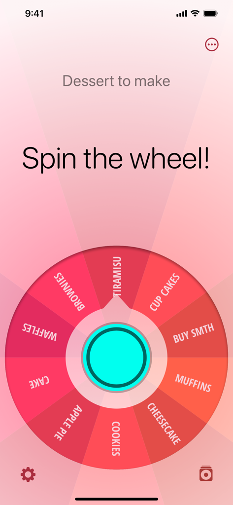 Un'interfaccia colorata di una ruota decisionale dall'app Decide Now che mostra le scelte dei dessert