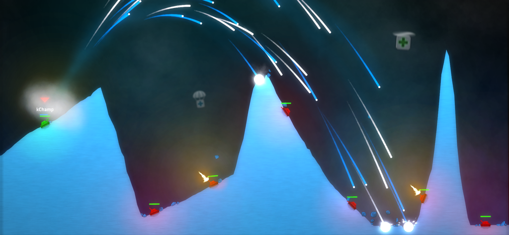 Online multiplayer tank battle with neon projectiles and explosions on a 2D terrain
