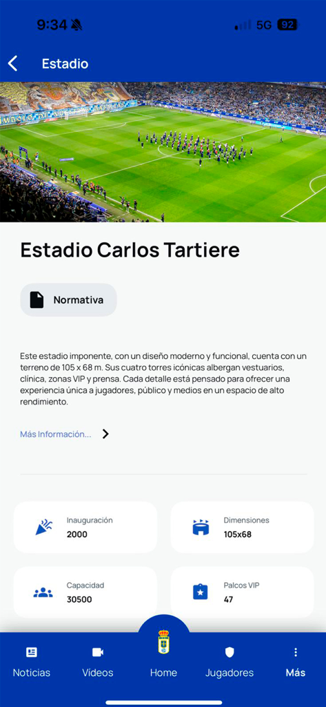 Real Oviedo - Official App - Pantalla de información del estadio en la app oficial del Real Oviedo con estadísticas y foto del estadio Carlos Tartiere.