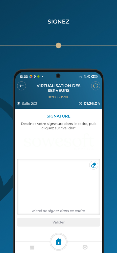SoWeSoft Student mobile App-Bildschirm zur Erfassung der Anwesenheit mit einer digitalen Unterschrift während eines Kurses